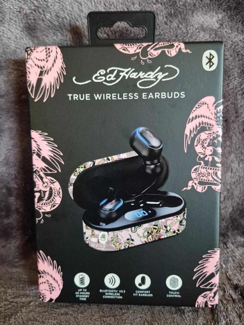Ed Hardy True Wireless Earbuds with Case Pink Y2K Tattoo Design